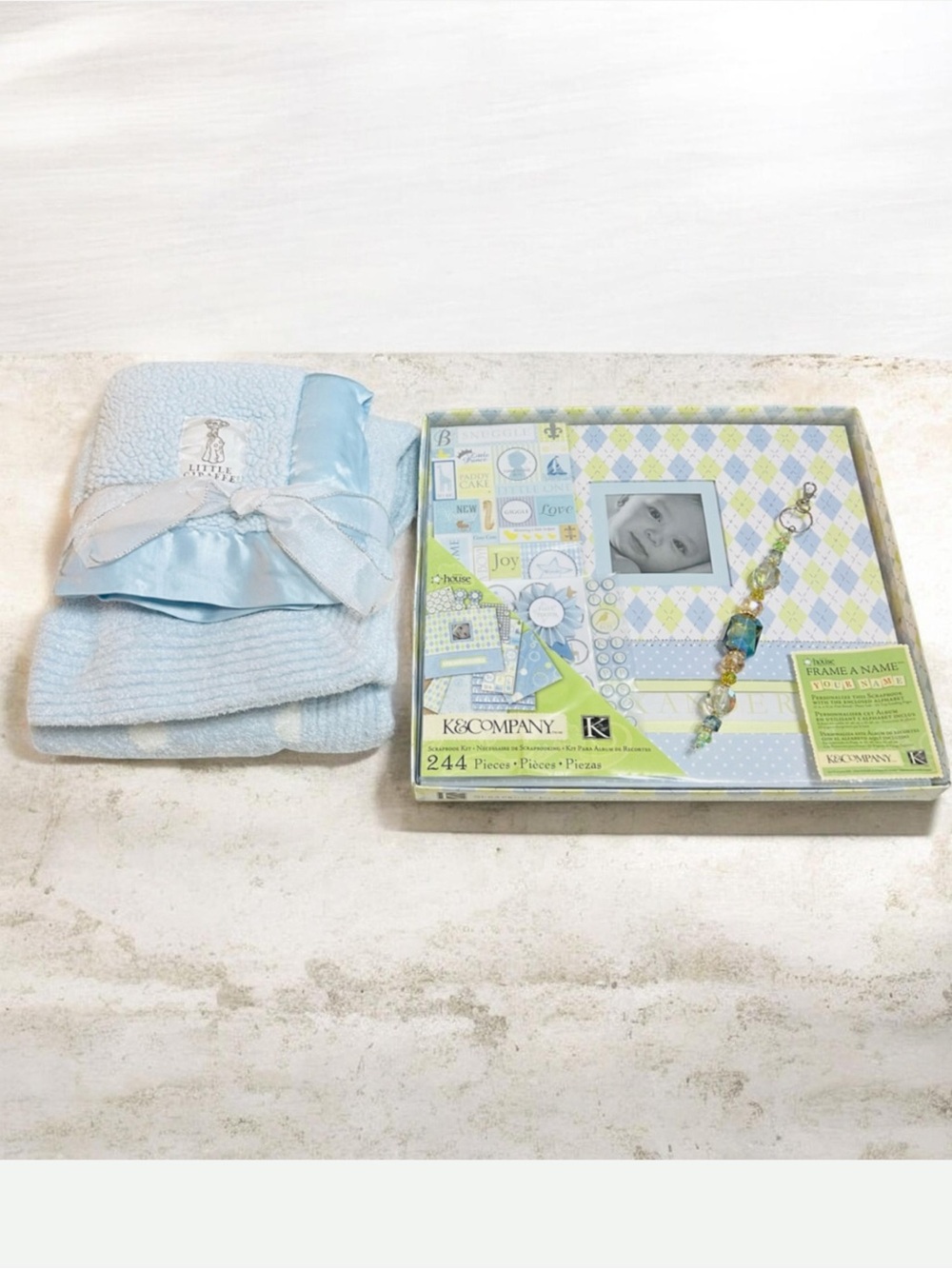 Babies Little Giraffe Blue Blanket Security Blanket & Photo Album Bundle Box